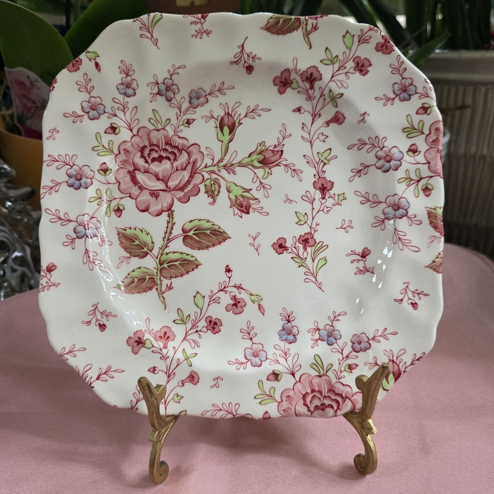 Vintage Johnson Brothers Pink Rose Chintz Square Salad Plate 7 3/4"